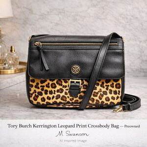 Tory Burch Kerrington Leopard Print Crossbody Bag Leather Trim Gold Hardware